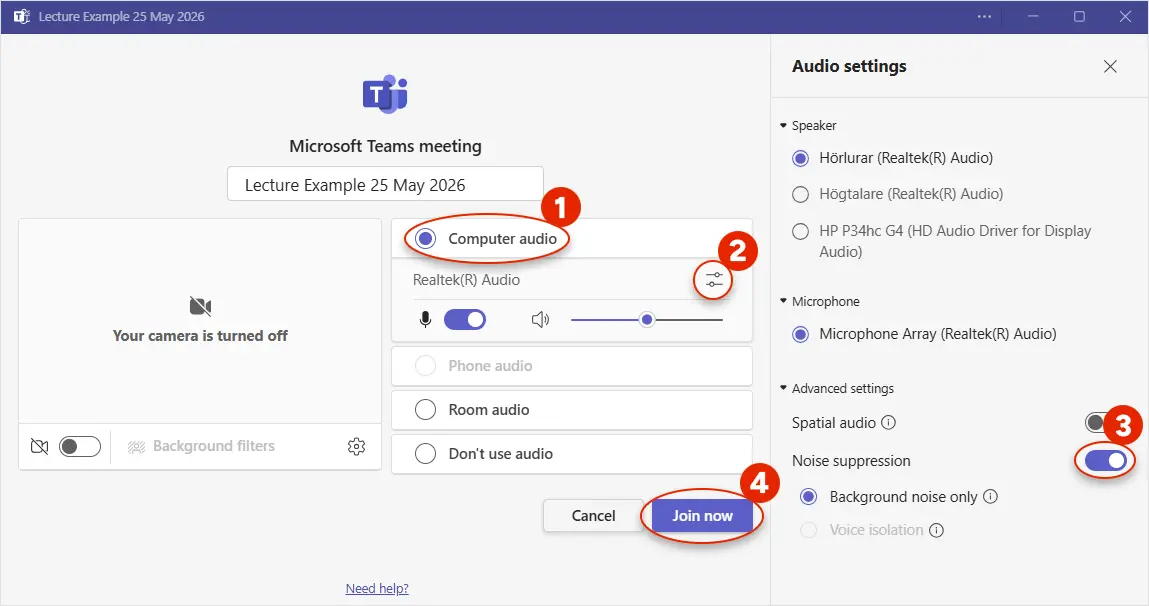 Screenshot of Microsoft Teams showing how to activate noise suppression