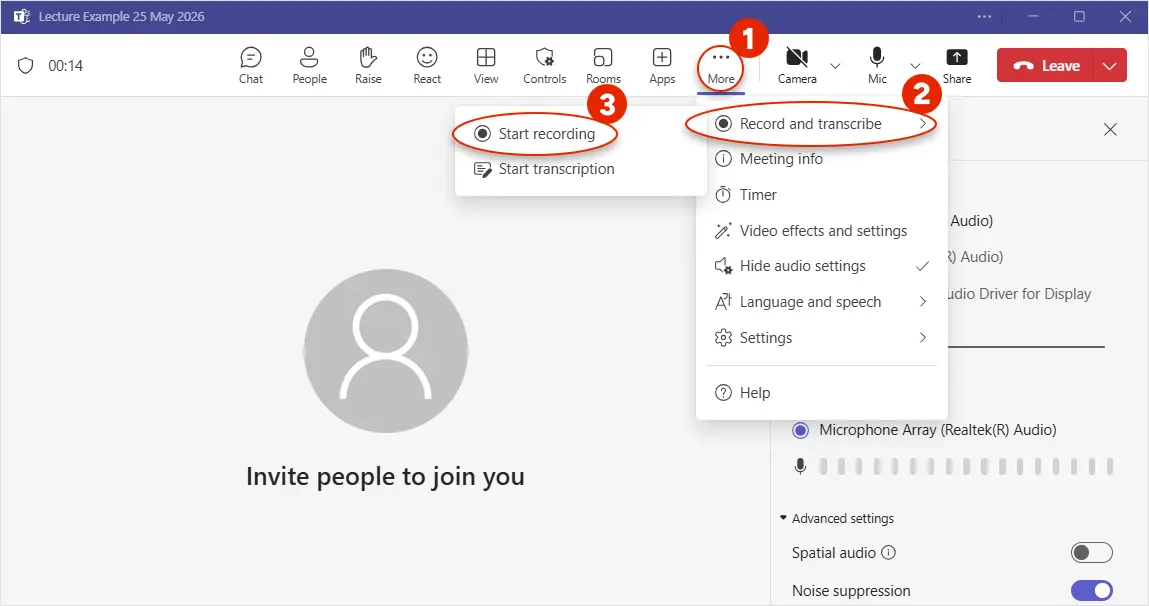 Screenshot of Microsoft Teams showing how to show transcription