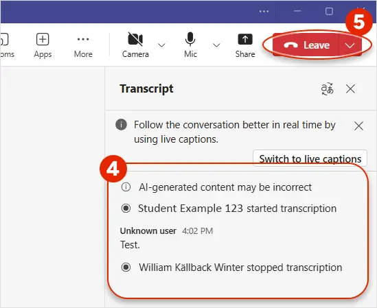 Screenshot of Microsoft Teams showing how to leave the meeting