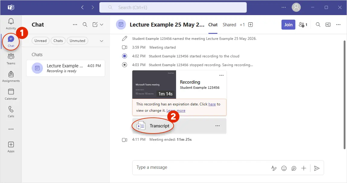 Screenshot of Microsoft Teams showing how to access the transcription