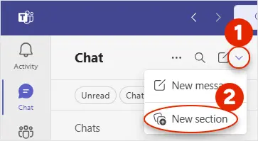 Screenshot of Microsoft Teams showing how to create a section
