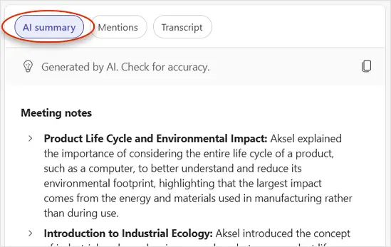 Screenshot of Microsoft Teams showing how to access the summary