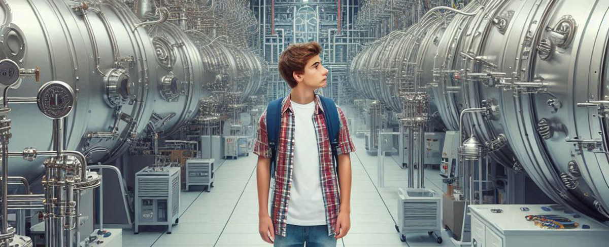 Young person dressed in casual clothes in research facility.