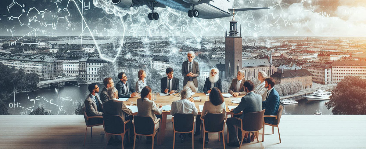 People sitting around a round table with technical images in the background