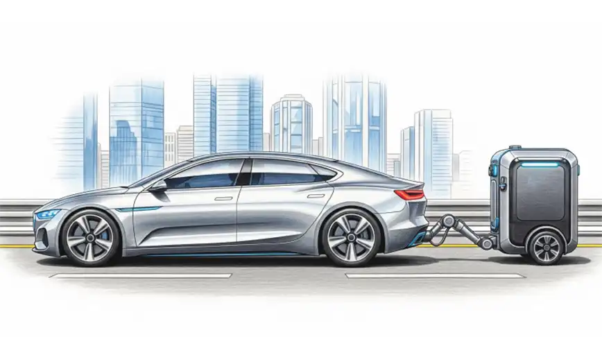 A futuristic car pulling a battery trailer