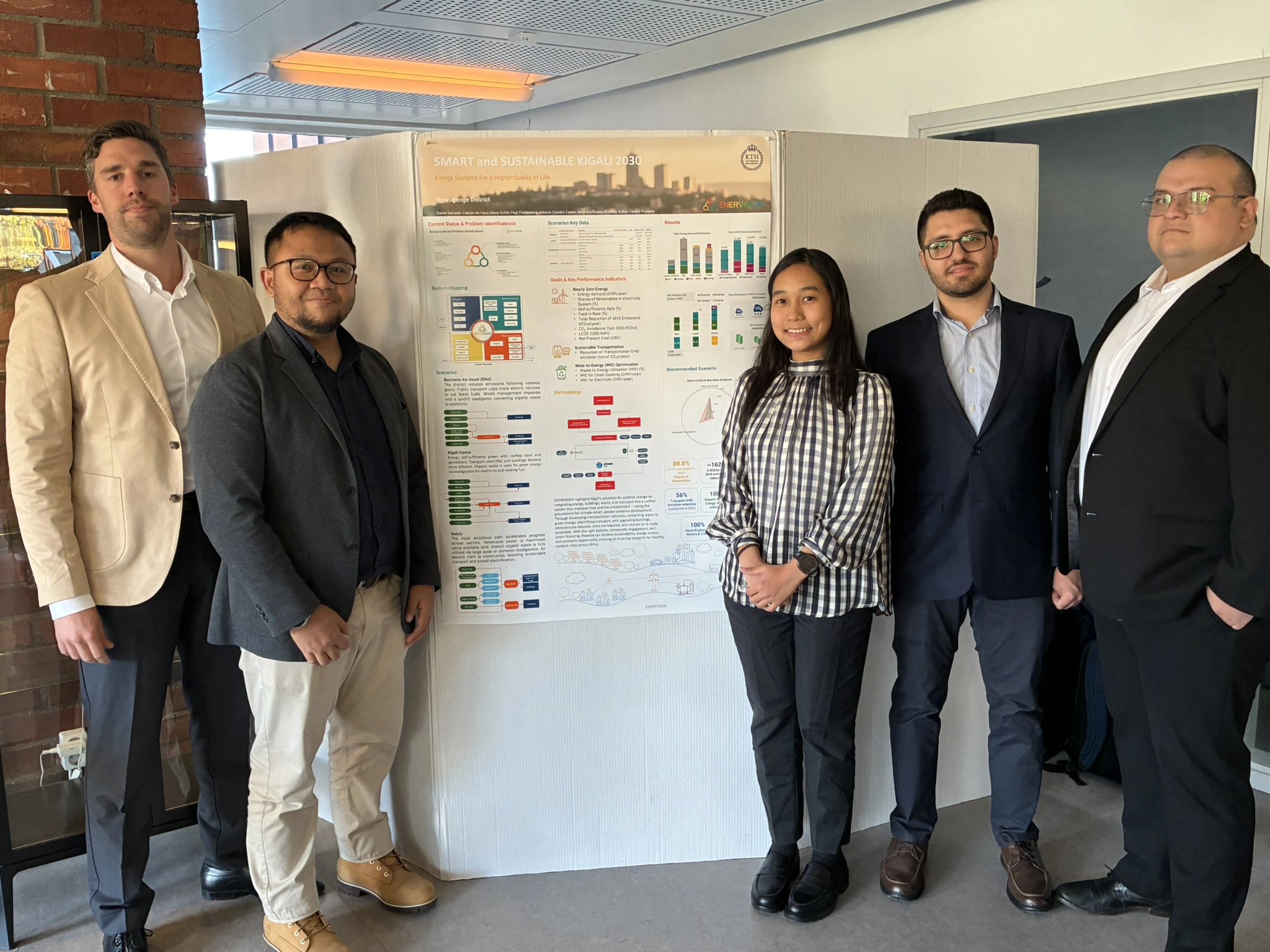 A group of five people standing beside a poster.