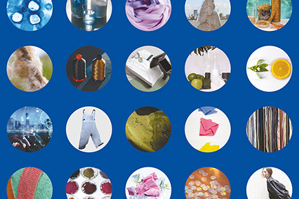 Blue background with small round images representing fashion innovations
