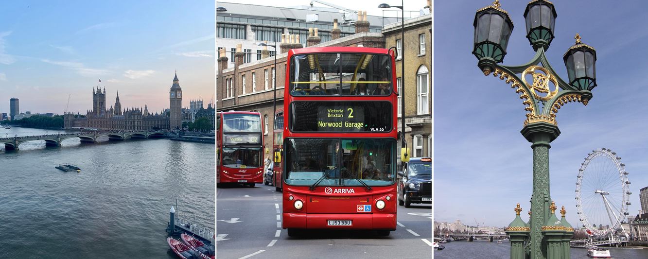 The images of London: skyline, bus and light pole