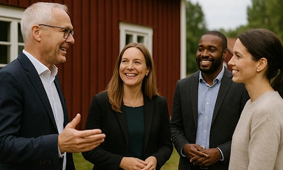 En grupp människor står och pratar.