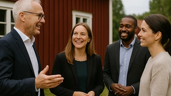 En grupp människor står och pratar.