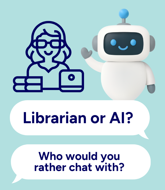 Grafisk bild på bibliotekarie och robot