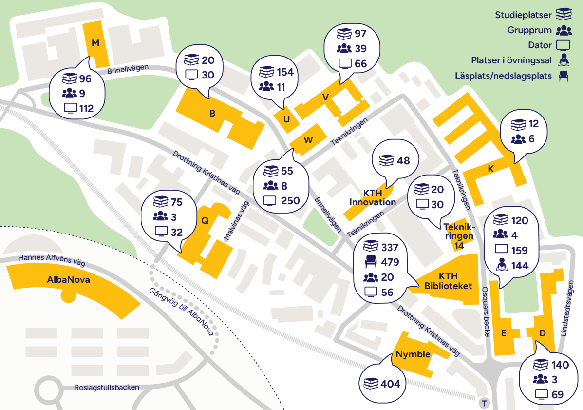 Kartöversikt med antal studieplatser.