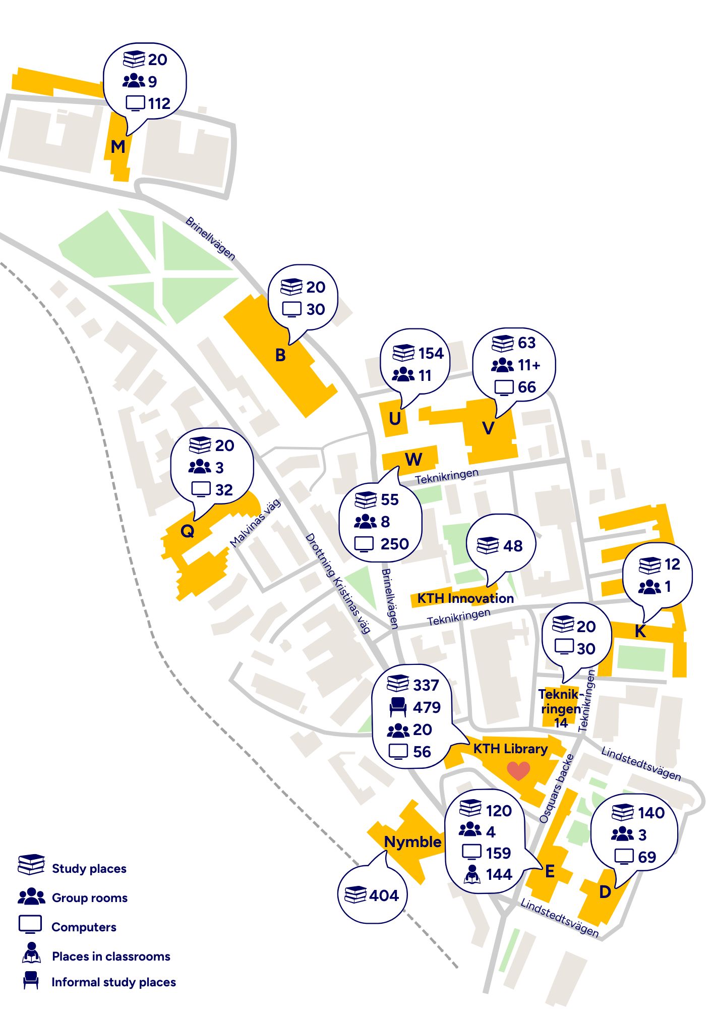 Map overview of campus and number of study spaces.