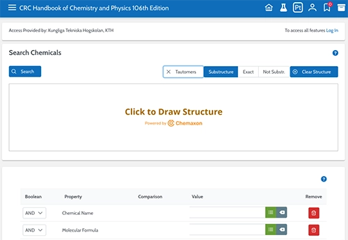 Skärmavbild struktursökning i CRC Handbook of Chemistry & Physics