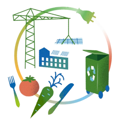Illustration of food, building, recycling and energy.