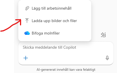 Bild som visar menyn för att lägga till arbetsmaterial i CoPilot Chat