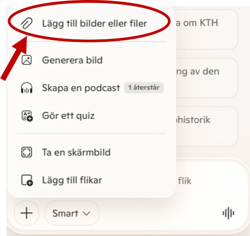 Bild som visar menyn för att lägga till arbetsmaterial i CoPilot Chat