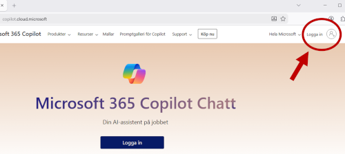 Bilden visar rätt inloggningsknapp på Microsofts sida i webbläsaren