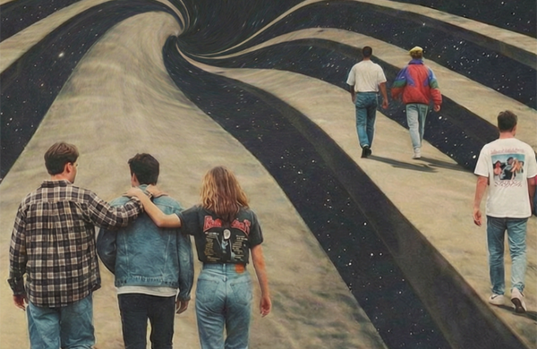 People walking along curvy lines