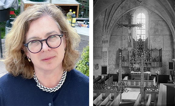 Bild på person och bild på interiör kyrka