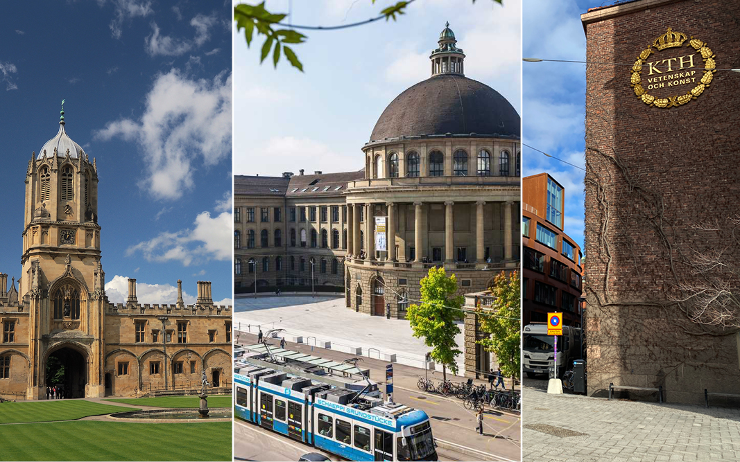 Campusbyggnader på Oxford, ETH och KTH