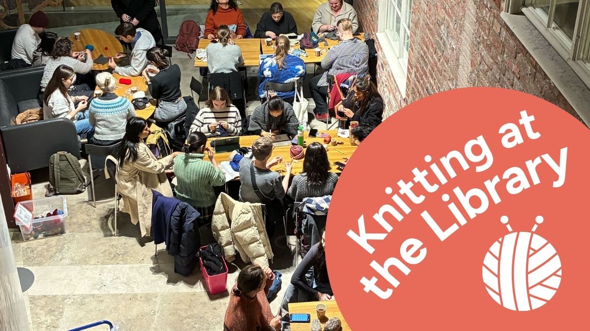 Participants from last year's knitting café and the text Knitting at the Library