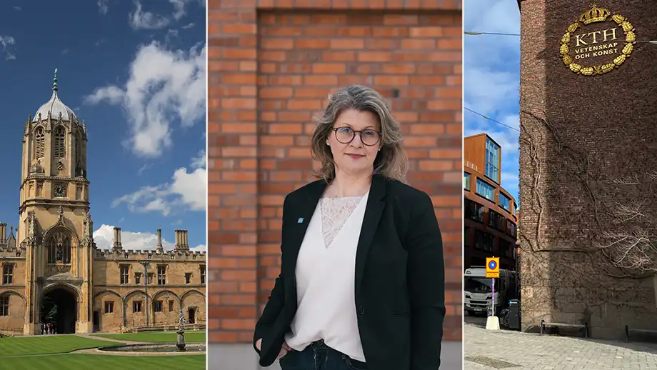 Collage av hus med torn, kvinna framför tegelvägg och byggnad med KTH:s logotyp.