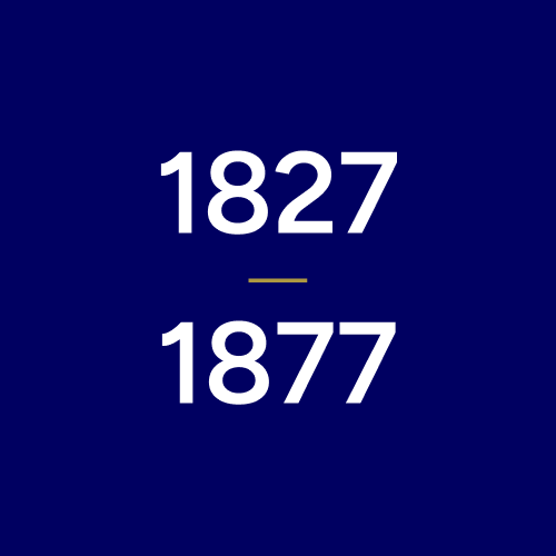 Årtalet 1827-1877 på en KTH-blå bakgrund.