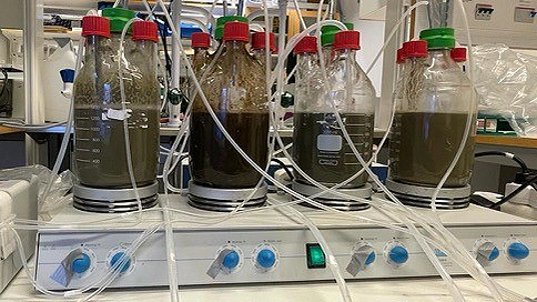 Bottles of water arrayed on a experimental rig