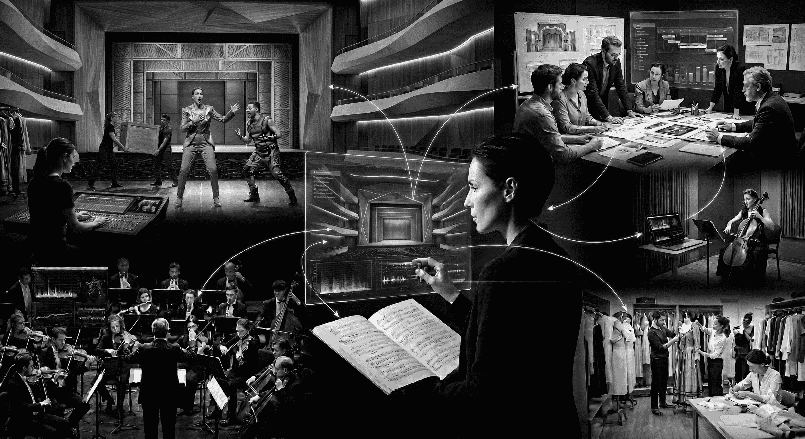A black-and-white digital collage titled "AI for Opera Practitioners"