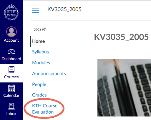 The menu in a course room in Canvas. At the bottom, you will find “KTH Course Evaluation.”