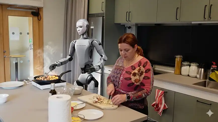 Humanoid robot i vardagen (AI genererad bild).  