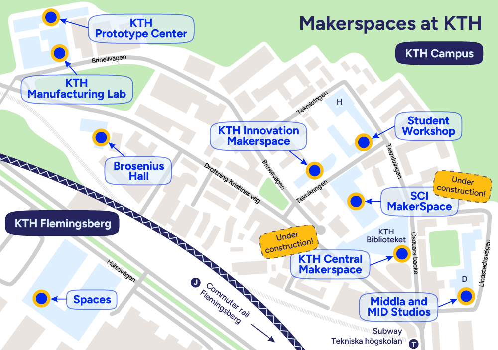 A map showing all of KTH’s makerspaces.