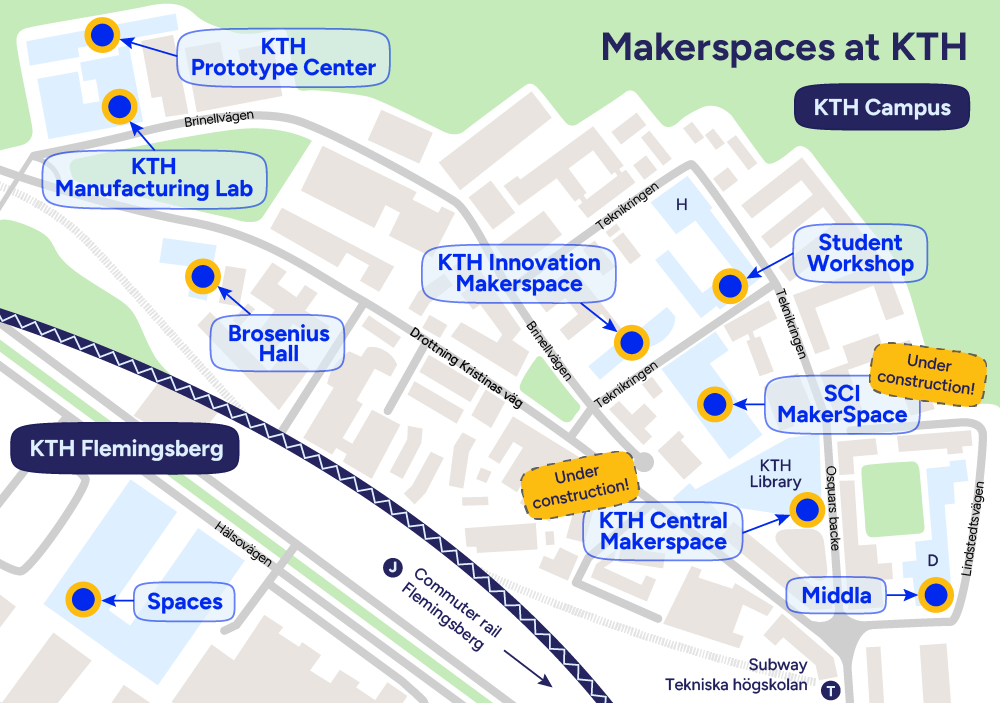 A map showing all of KTH’s makerspaces.