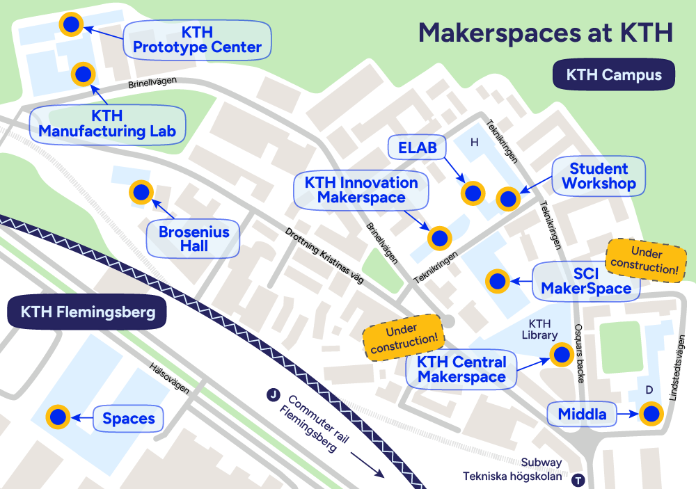 A map showing all of KTH’s makerspaces.