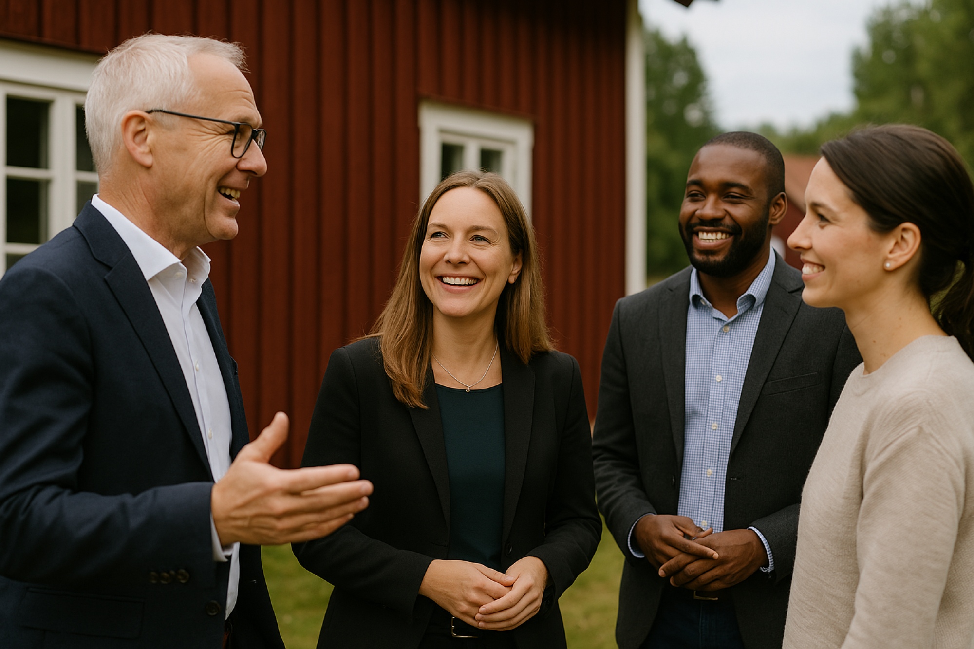 Fyra personer står och pratar fram för en röd husfasad