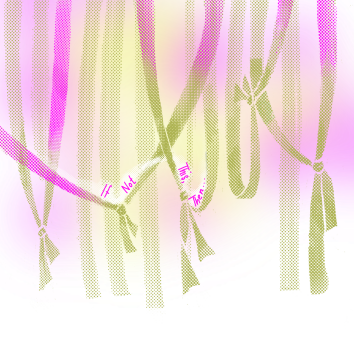 Pink and green sketch of hanging cloth tied into knots