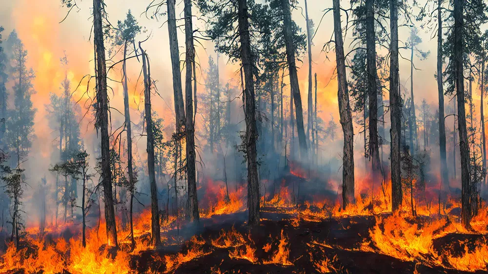 Eldsflammor på hela marken i en skog, med tunna trädstammar som omges av brandrök.