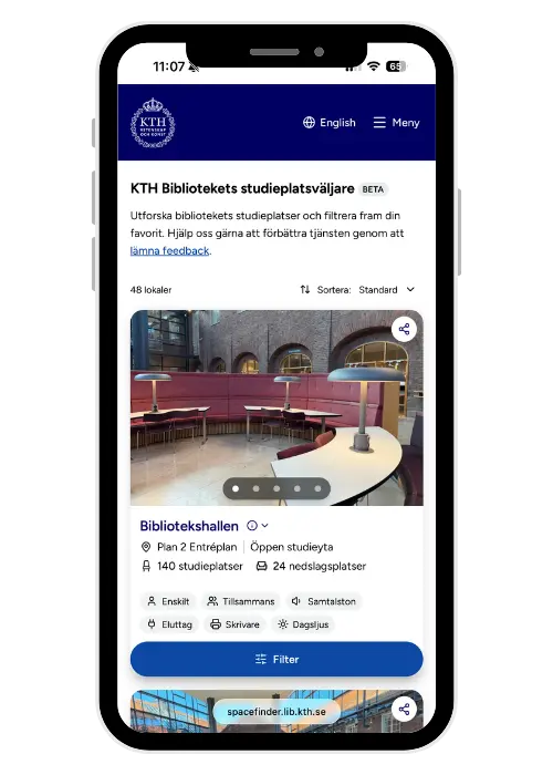 Mobilskärm som visar tjänsten studieplatsväljaren med information om lokaler.