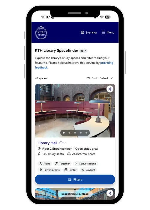 A mobile screen displaying the Spacefinder service, showing information about spaces in the library.