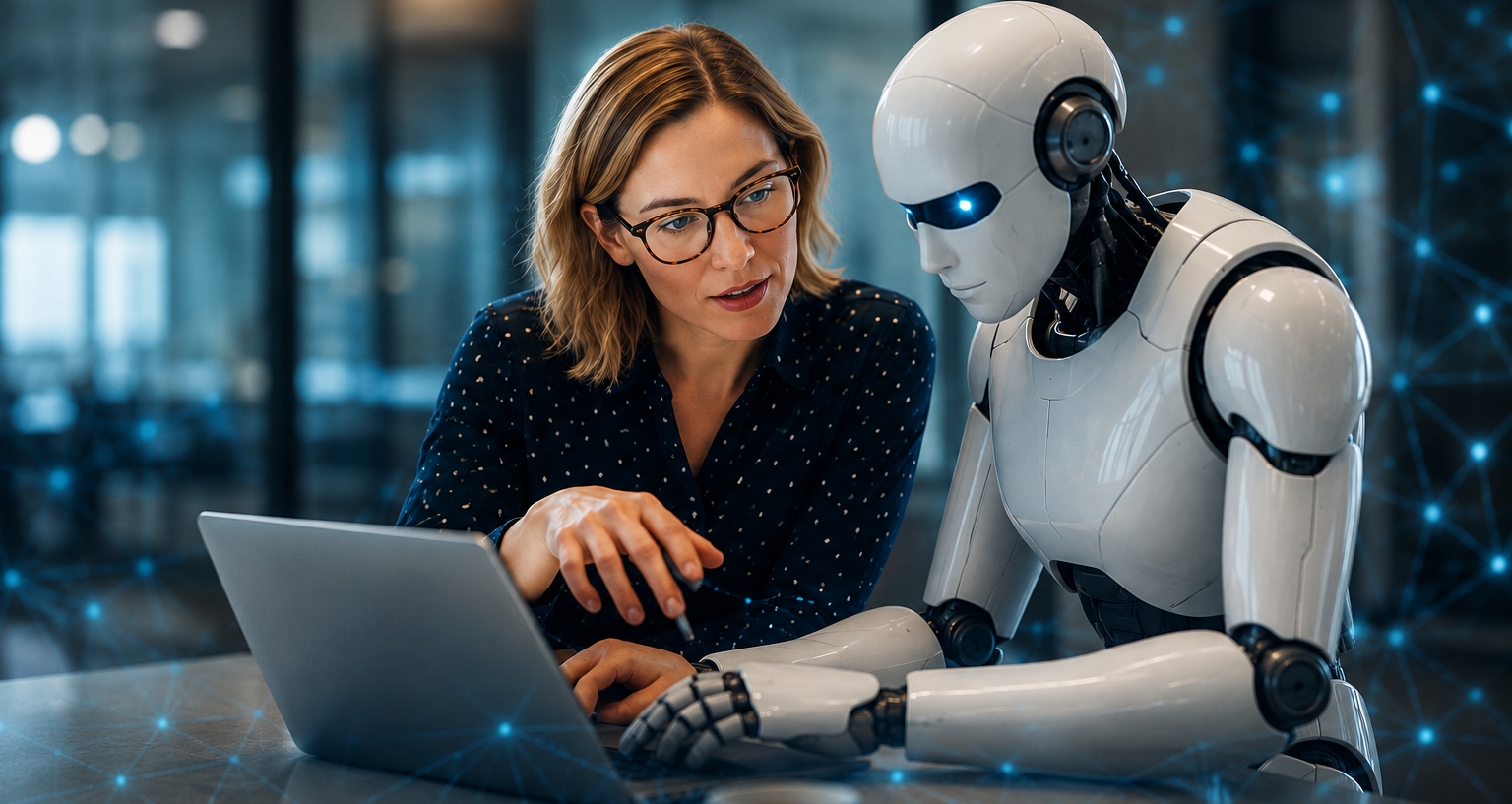 kvinna sitter på kontor bredvid en robot och tittar tillsammans på laptop
