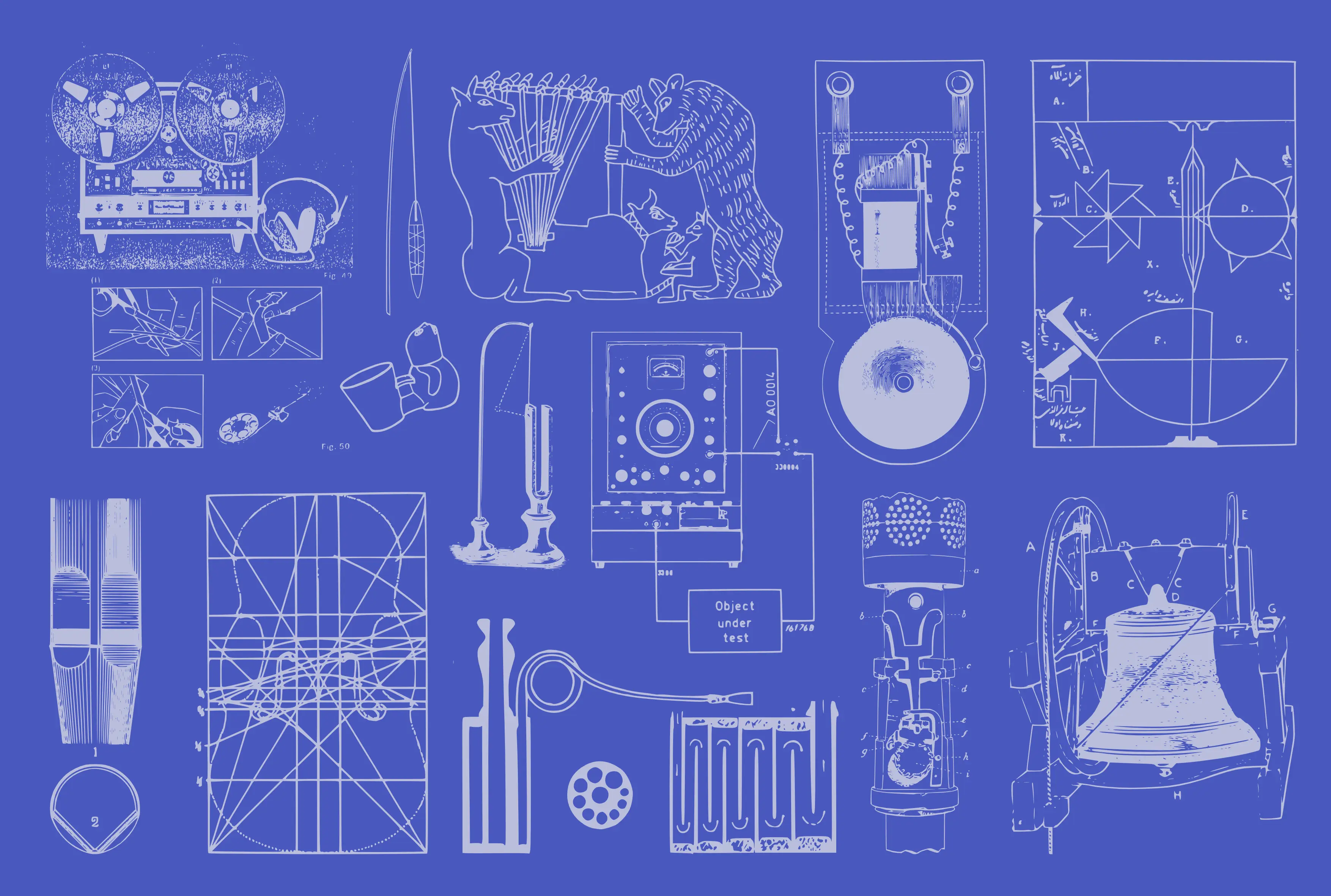 blueprint style banner with illustrations of musical instruments