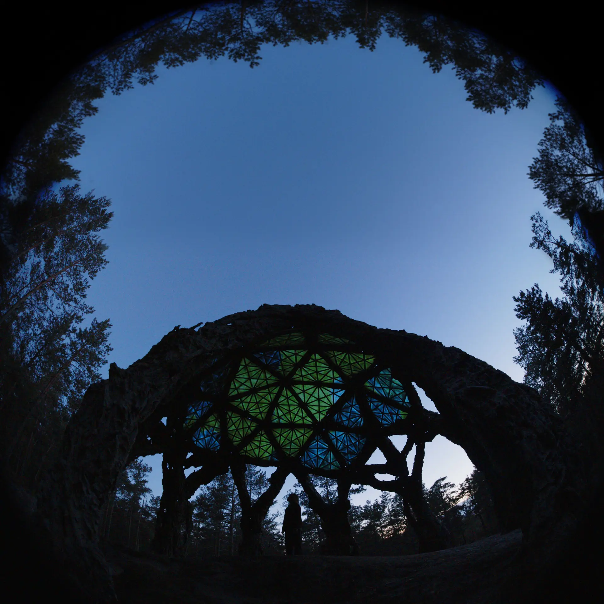 Fisheye photo of a geodesic dome structure with green and blue panels