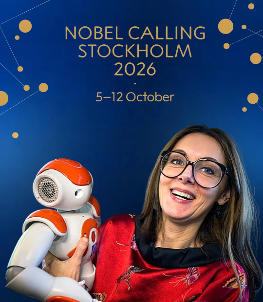 Nobel Calling grafik och foto på Danica Kragic Jensfelt med en robot