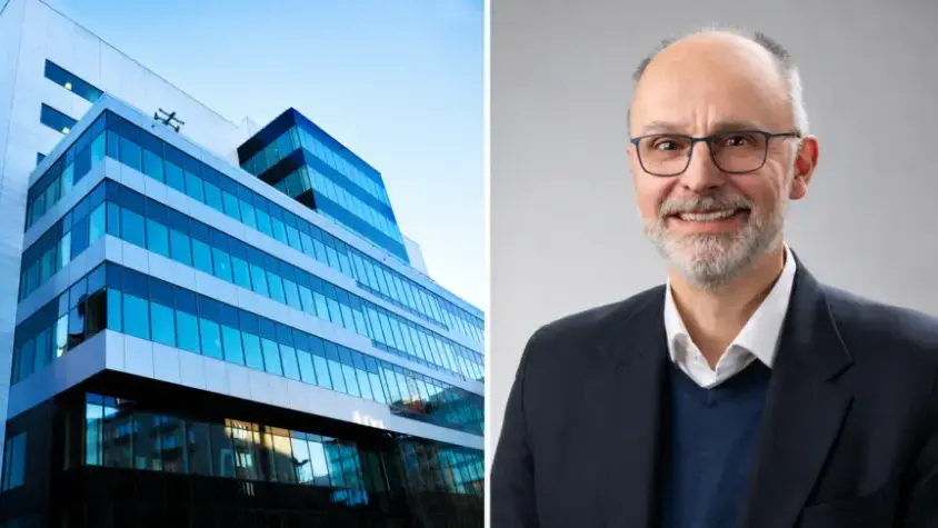 Bildmontage med BioClinicum och ett porträtt av Andreas Scheutz, ordförande i MedTechLabs styrgrupp