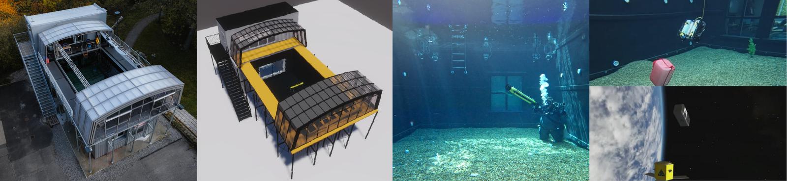 Marinarium facility: aerial view, digital twin, diver with an AUV in the basin, BlueROV2 and CubeSat