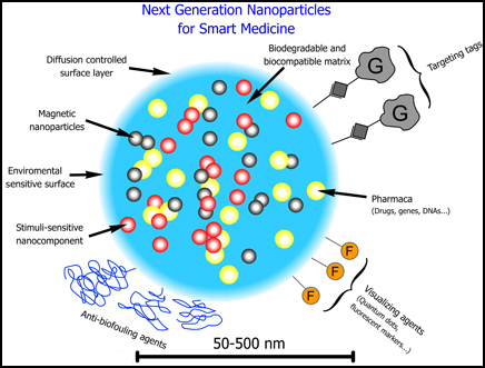 Bilden beskriver några av de områden inom medicin där nanopartiklar kan användas