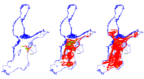 En simulering av en förorening från floden Venta i Litauen i juni 2000, samt spridningen i Östersjön under samma månad 2003 respektive 2006.