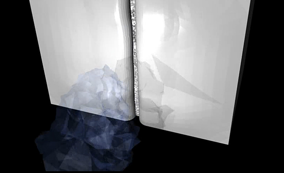 Ögonblicksbild från en animering av en stämbandsmodell. Bild: J. Jansson, C. Degirmenci och J. Hoffman.