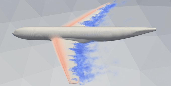 Bilden visar ett simulerat turbulent luftflöde kring ett flygplan nära landning.